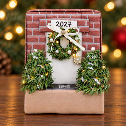 Cozy Winter Cottage Ornament pattern PDF cover: no-sew folded fabric house ornament with porch step, door and holiday decor