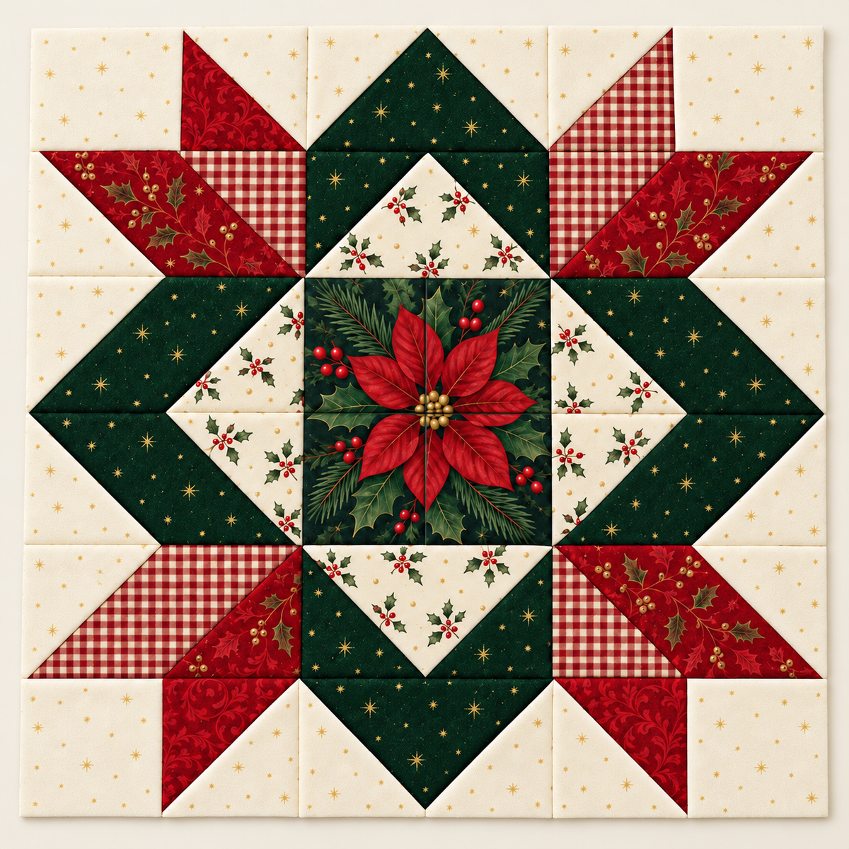 Crimson Majesty Christmas Star quilt block in cranberry, deep green, ivory and gold, overhead studio view. AI-generated fabric-styling illustration.