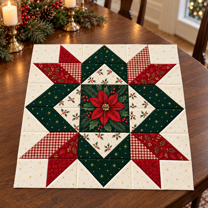 Crimson Majesty Christmas Star quilt block styled on an elegant walnut dining table. AI-generated fabric-styling illustration.