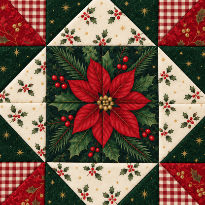 Close-up of the crimson flower-print center, showing the four pieced center squares and cross seam. AI-generated fabric-styling illustration.