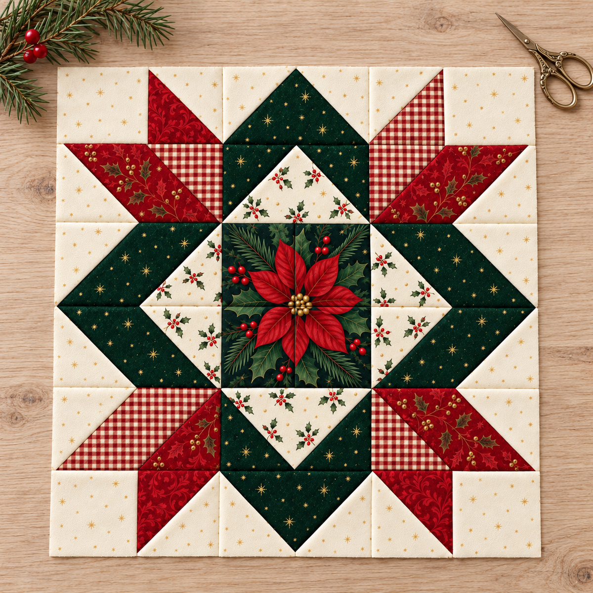 Overhead view of the Crimson Majesty Christmas Star quilt block on an oak holiday sewing table. AI-generated fabric-styling illustration.