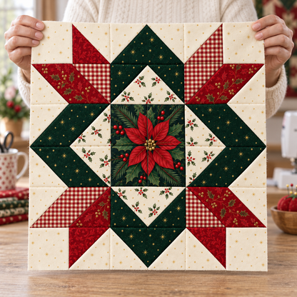 Hands presenting a Crimson Majesty Christmas Star quilt block with red and green patchwork. AI-generated fabric-styling illustration.