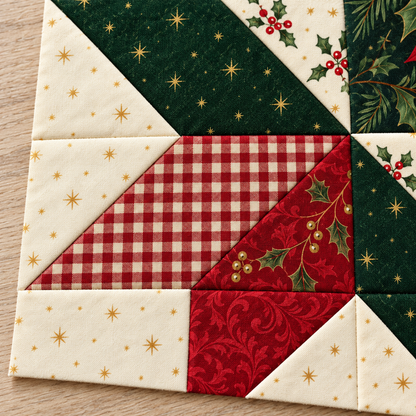 Detail of the red gingham and holly-print corner patches of the Crimson Majesty Christmas Star block. AI-generated fabric-styling illustration.