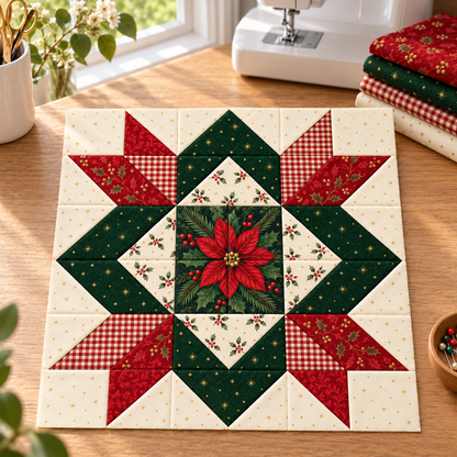 Crimson Majesty Christmas Star quilt block displayed in a sunlit sewing room. AI-generated fabric-styling illustration.