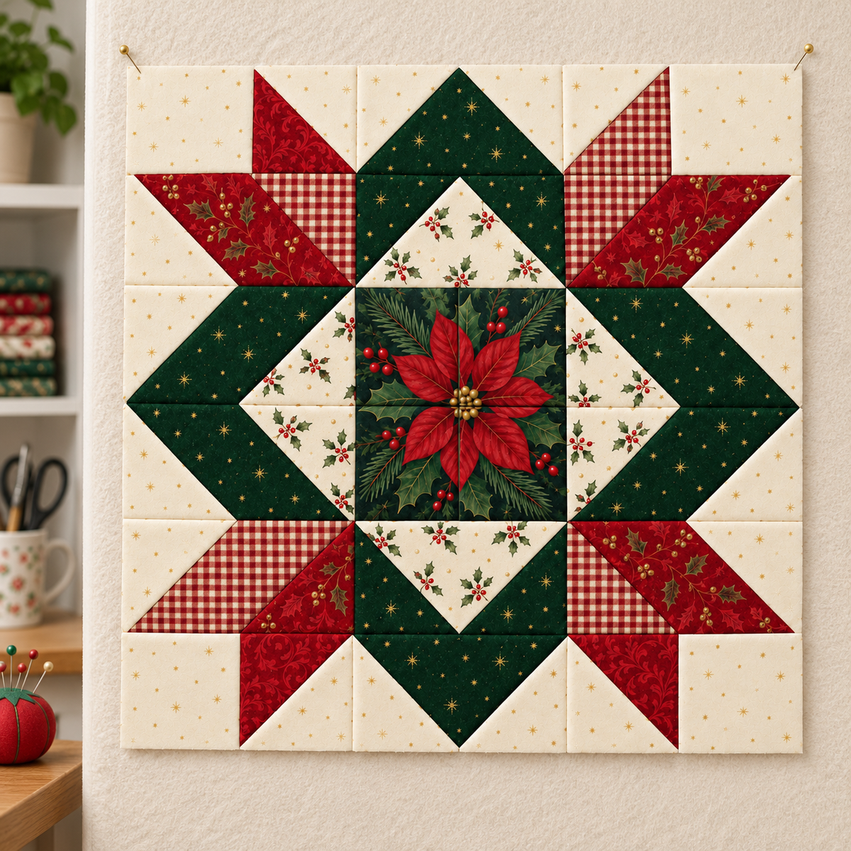 Single Crimson Majesty Christmas Star quilt block pinned to a cream design wall. AI-generated fabric-styling illustration.