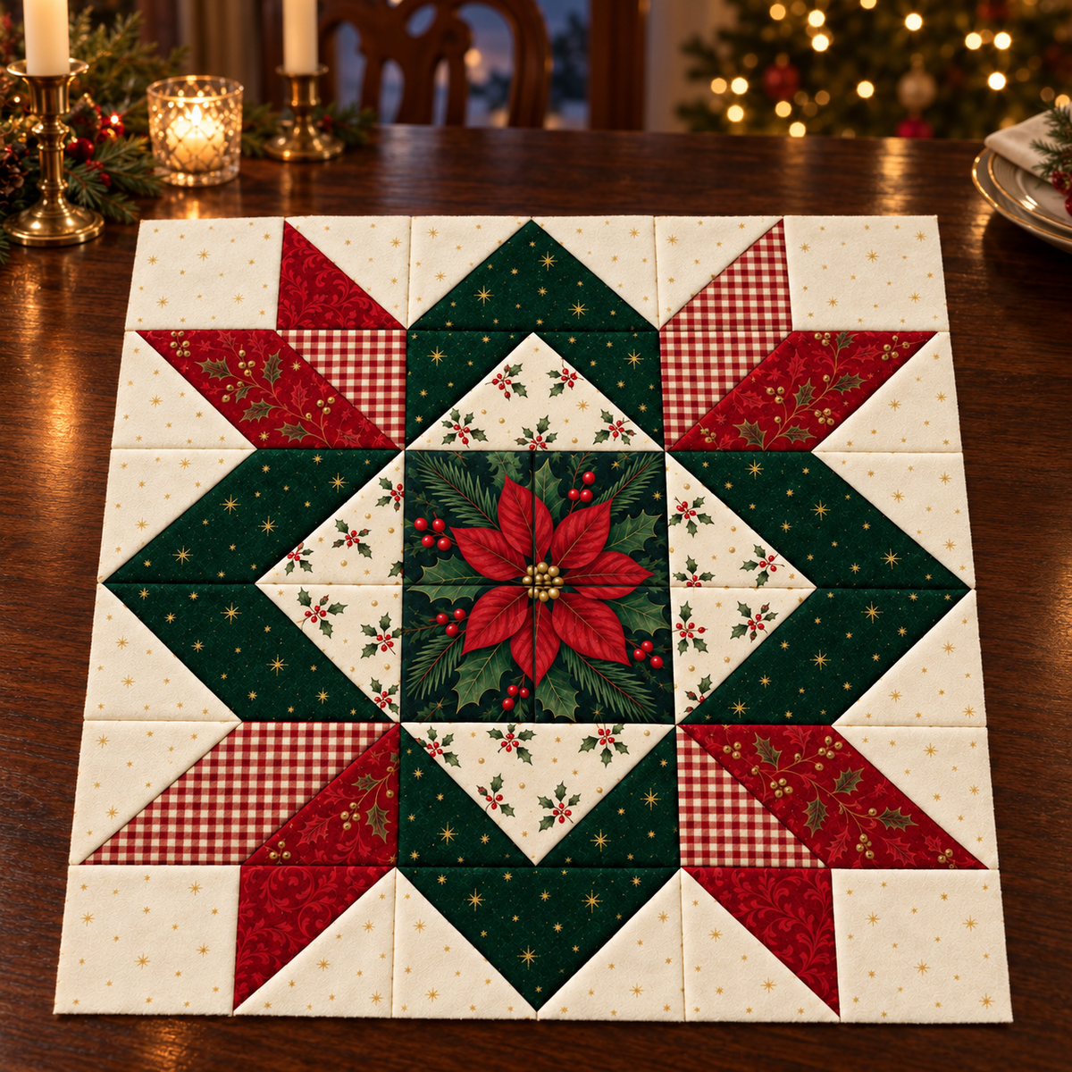 Crimson Majesty Christmas Star quilt block on a candlelit holiday table. AI-generated fabric-styling illustration.