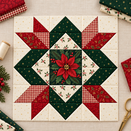 Crimson Majesty Christmas Star quilt block surrounded by coordinating red, green, ivory and gold fabrics. AI-generated fabric-styling illustration.