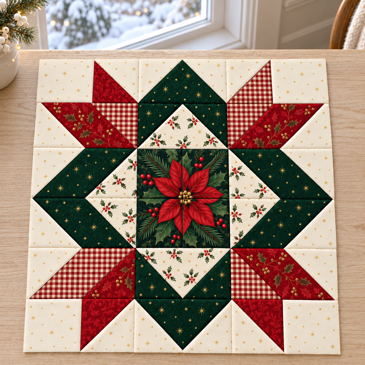 Crimson Majesty Christmas Star quilt block on a table beside a winter window. AI-generated fabric-styling illustration.