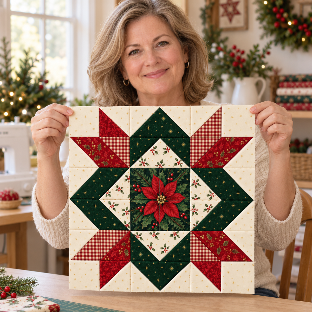 AI-generated maker holding a Crimson Majesty Christmas Star quilt block in a sewing room. AI-generated fabric-styling illustration.