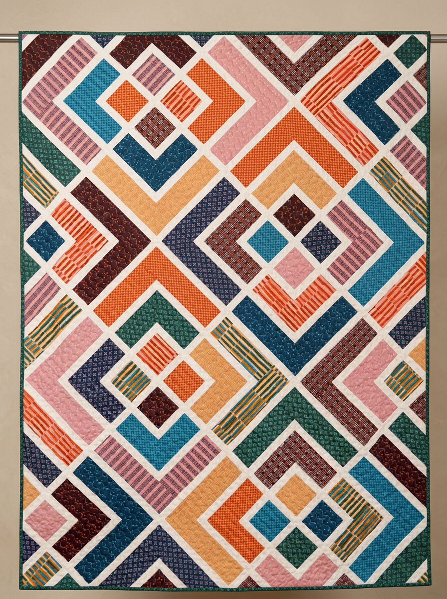 Diagonal Log Cabin Quilt Pattern PDF – Colorful geometric patchwork quilt close-up studio photo