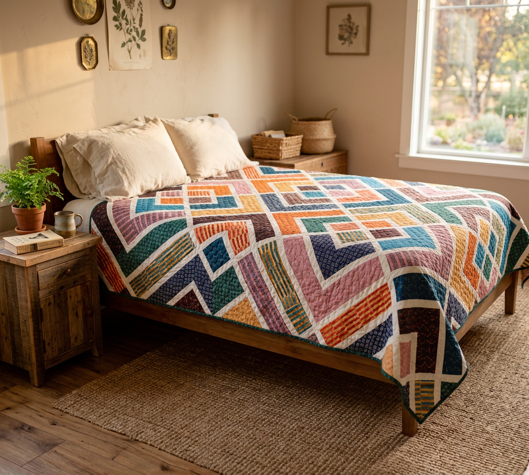 Diagonal Log Cabin Quilt Pattern PDF – Colorful geometric patchwork quilt on farmhouse bedroom bed