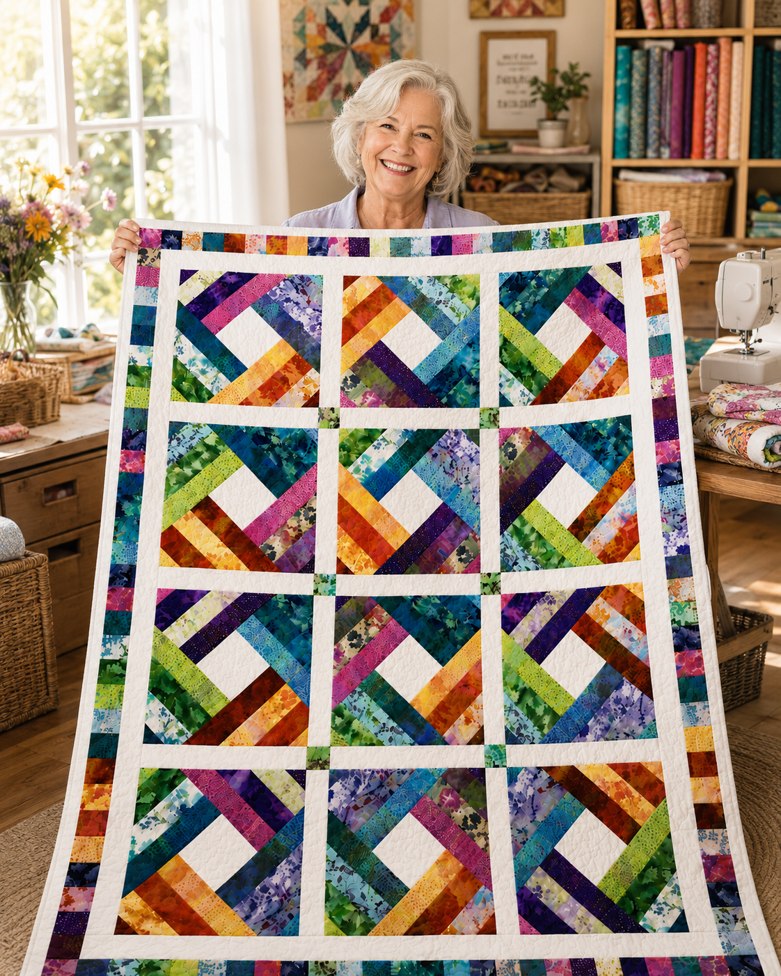 A proud quilter showing her finished Diamond Log Cabin quilt in a bright sewing studio – handmade colorful batik throw quilt project complete