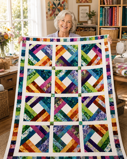 A proud quilter showing her finished Diamond Log Cabin quilt in a bright sewing studio – handmade colorful batik throw quilt project complete