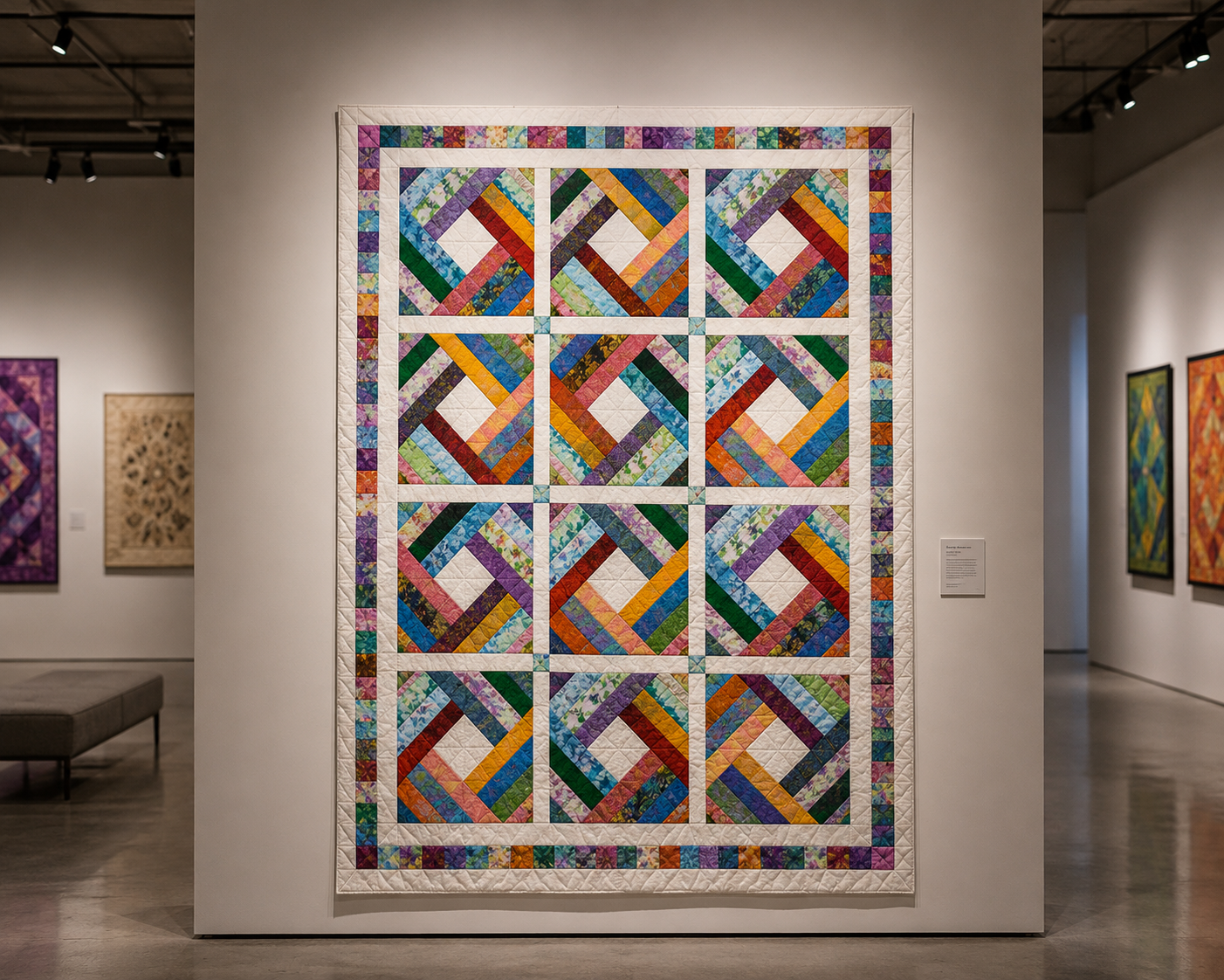 Diamond Log Cabin quilt showcased as wall art in a modern gallery space – 12-block colorful batik patchwork displayed as fine quilting art