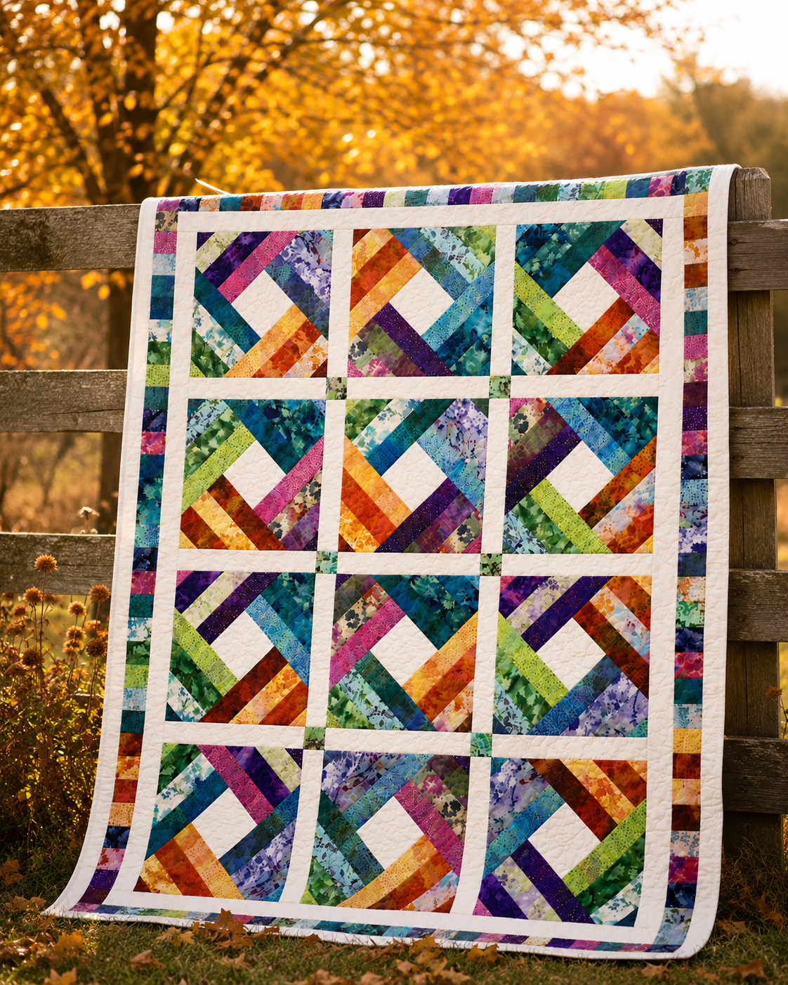 Diamond Log Cabin quilt draped over a rustic wooden fence in an autumn meadow – colorful batik patchwork throw quilt by PATTERN QUILT
