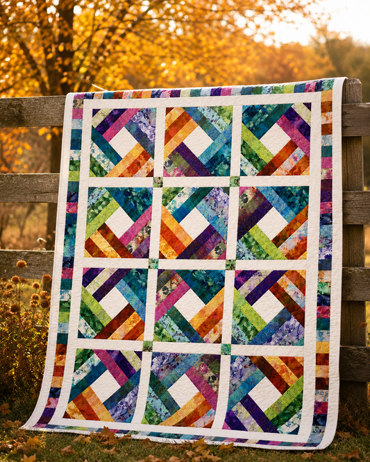 Diamond Log Cabin quilt draped over a rustic wooden fence in an autumn meadow – colorful batik patchwork throw quilt by PATTERN QUILT