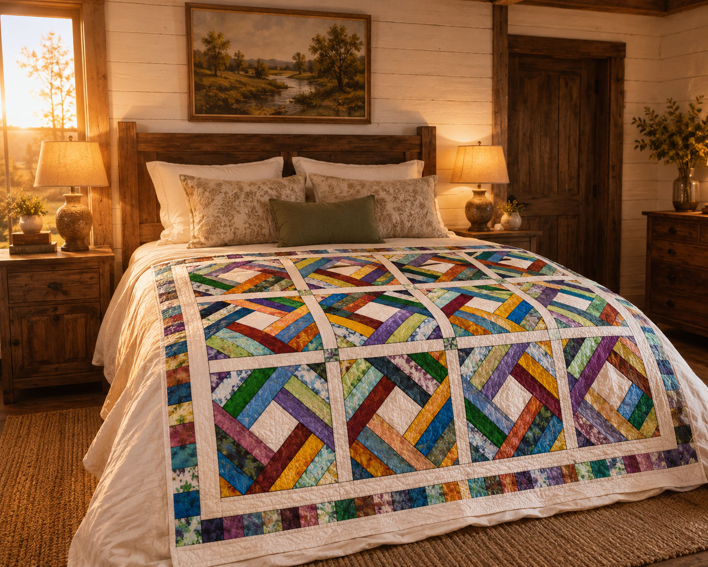 Diamond Log Cabin quilt styled on a queen bed in a rustic cabin bedroom with wooden furniture, table lamps, and warm sunset light – cozy patchwork bedroom decor