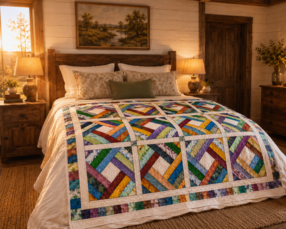 Diamond Log Cabin quilt styled on a queen bed in a rustic cabin bedroom with wooden furniture, table lamps, and warm sunset light – cozy patchwork bedroom decor
