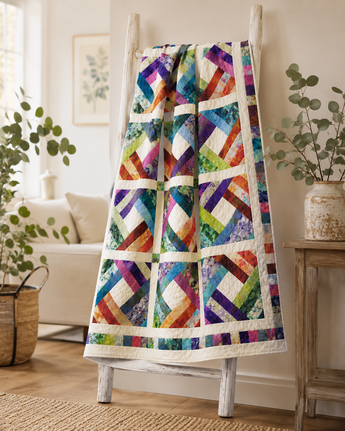 Diamond Log Cabin quilt draped over a vintage wooden ladder rack in a bright living room with green plants and natural light – cozy farmhouse decor