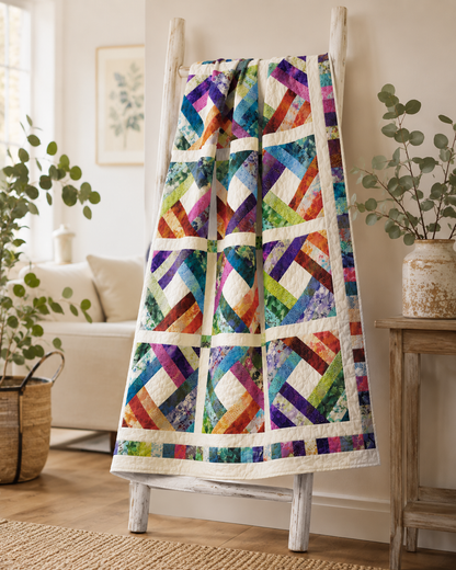 Diamond Log Cabin quilt draped over a vintage wooden ladder rack in a bright living room with green plants and natural light – cozy farmhouse decor