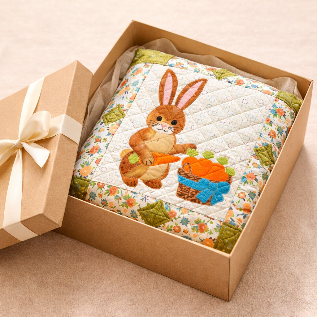 Easter bunny quilt pillow in gift box with ribbon – handmade spring gift idea, appliqué bunny pillow PDF pattern