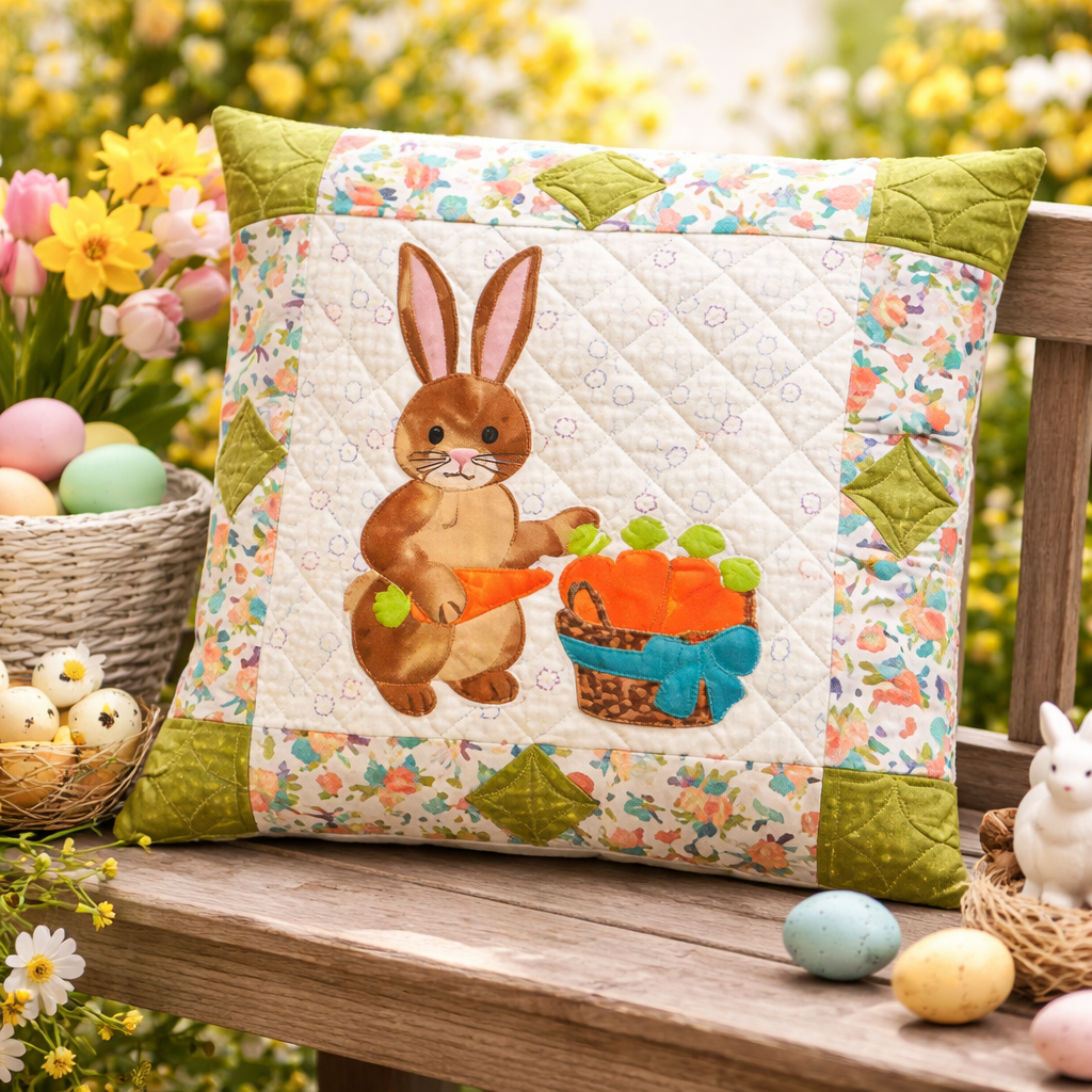 Easter bunny quilt pillow on garden bench with spring flowers and Easter eggs – appliqué pillow PDF sewing pattern