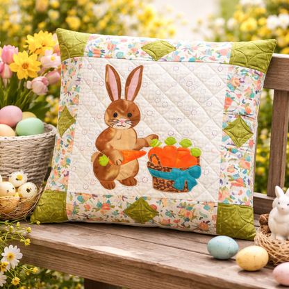 Easter bunny quilt pillow on garden bench with spring flowers and Easter eggs – appliqué pillow PDF sewing pattern
