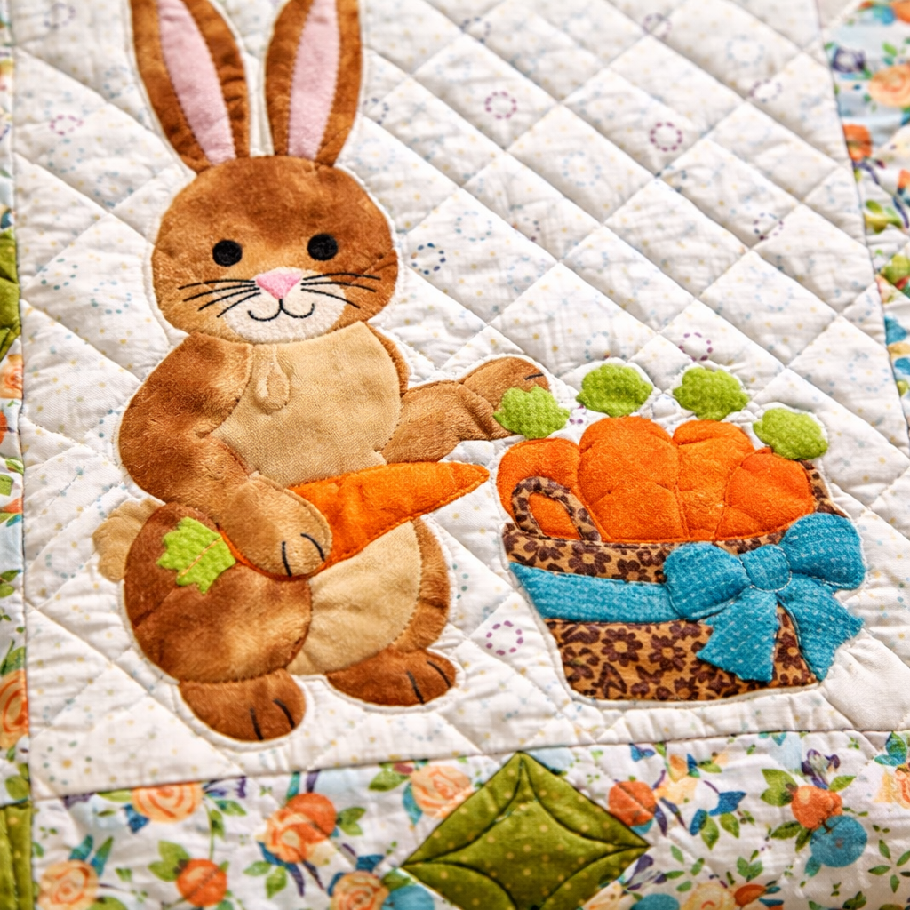 Close-up of Easter bunny appliqué on quilted pillow – detailed fusible web appliqué bunny with carrot basket design