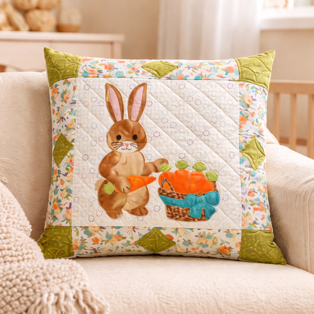 Easter bunny quilt pillow on white armchair in nursery room – spring home decor appliqué pillow PDF sewing pattern