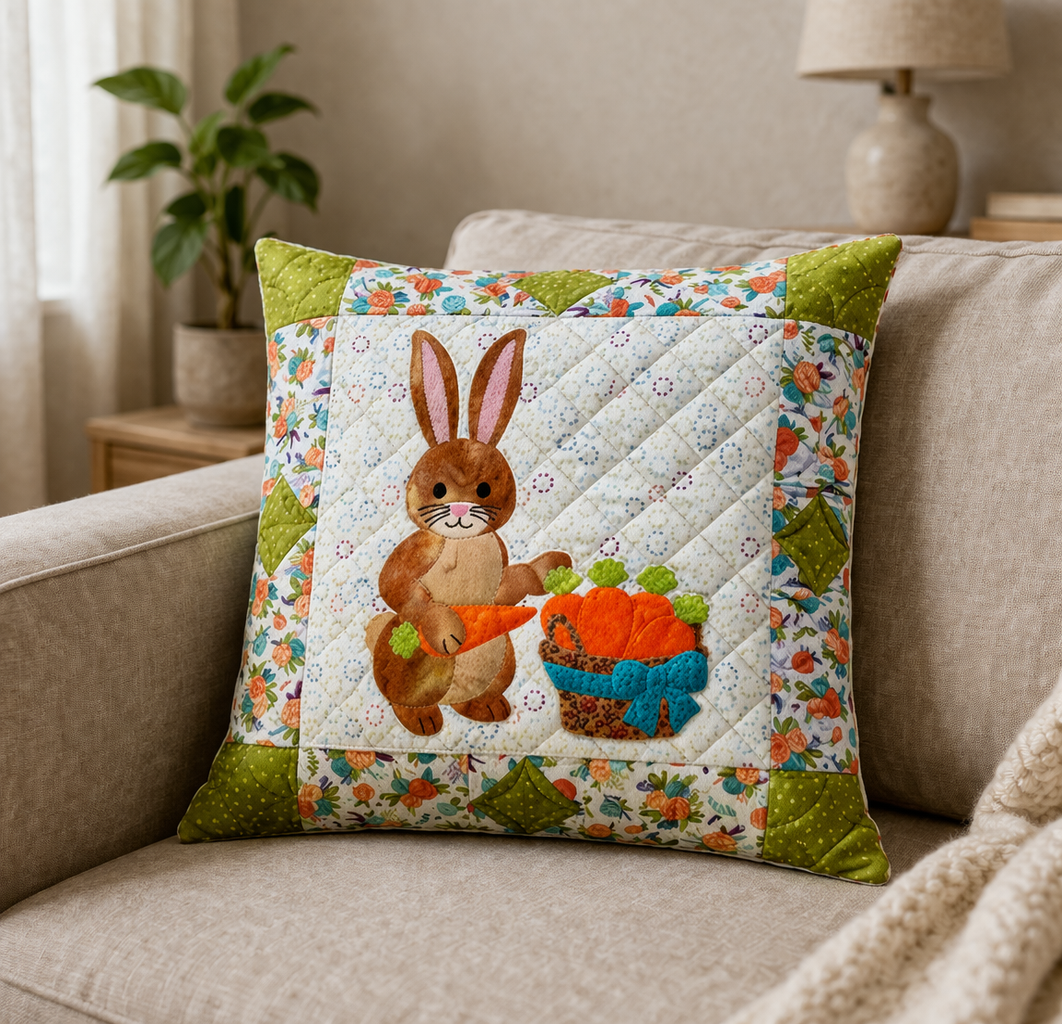 Easter bunny quilt pillow on beige sofa – charming spring appliqué pillow PDF pattern, intermediate quilting project