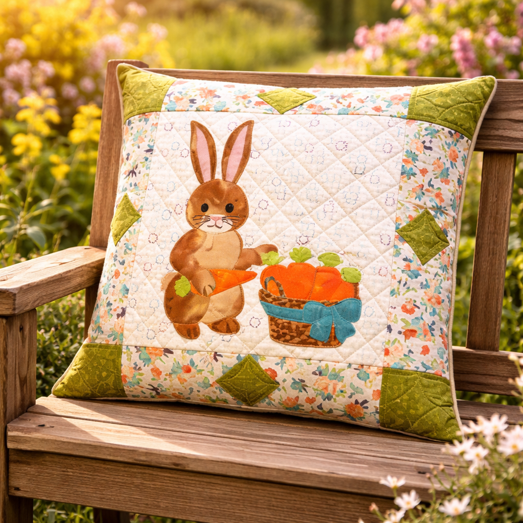 Easter bunny quilt pillow on outdoor garden bench with spring wildflowers – appliqué pillow PDF pattern, perfect Easter gift