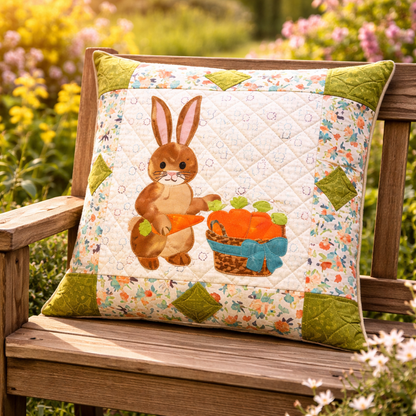 Easter bunny quilt pillow on outdoor garden bench with spring wildflowers – appliqué pillow PDF pattern, perfect Easter gift