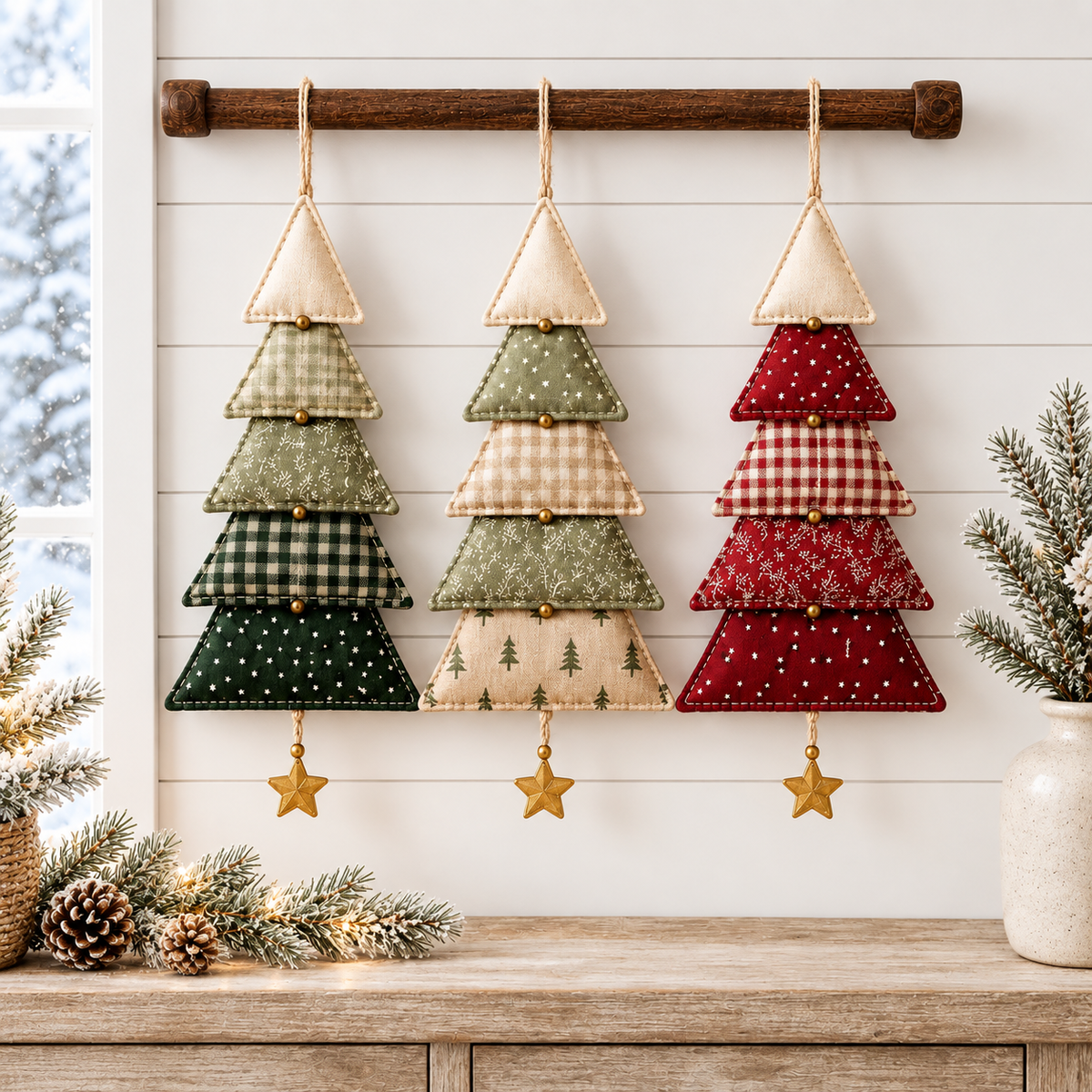 Evergreen Christmas Tree Trio sewing pattern inspiration with three five-tier fabric trees