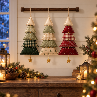 Fabric Christmas tree trio with warm evening holiday lighting