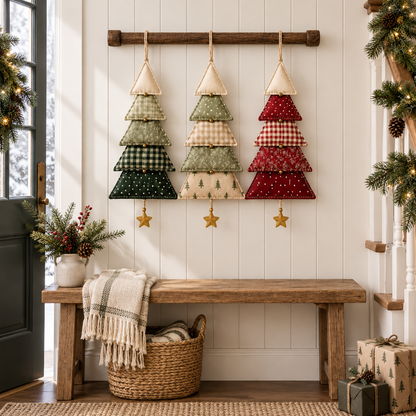 Three fabric Christmas trees styled in a festive entryway
