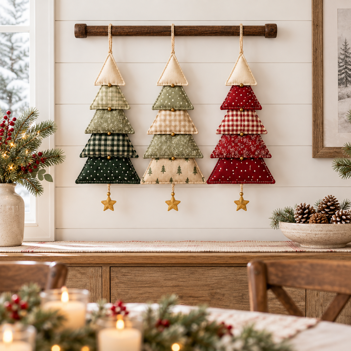 Evergreen Christmas Tree Trio above a holiday dining display