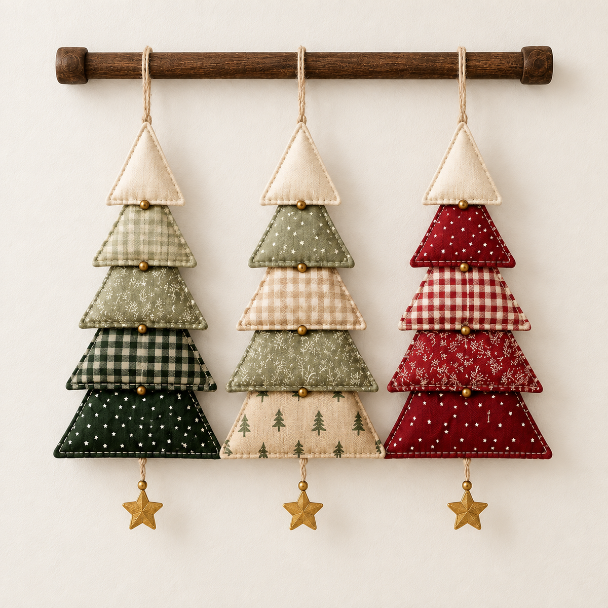 Front view of three five-tier fabric Christmas tree decorations