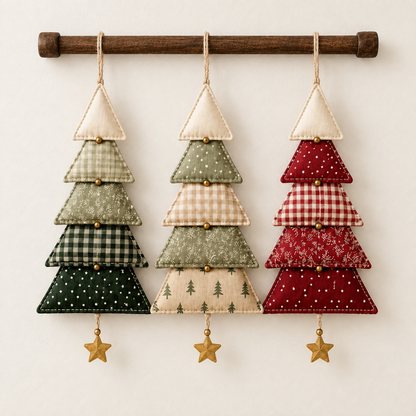 Front view of three five-tier fabric Christmas tree decorations