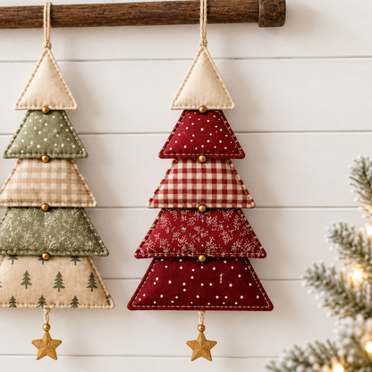Red Christmas print fabric tree with layered padded tiers