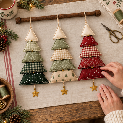 Maker holding a layered fabric Christmas tree decoration