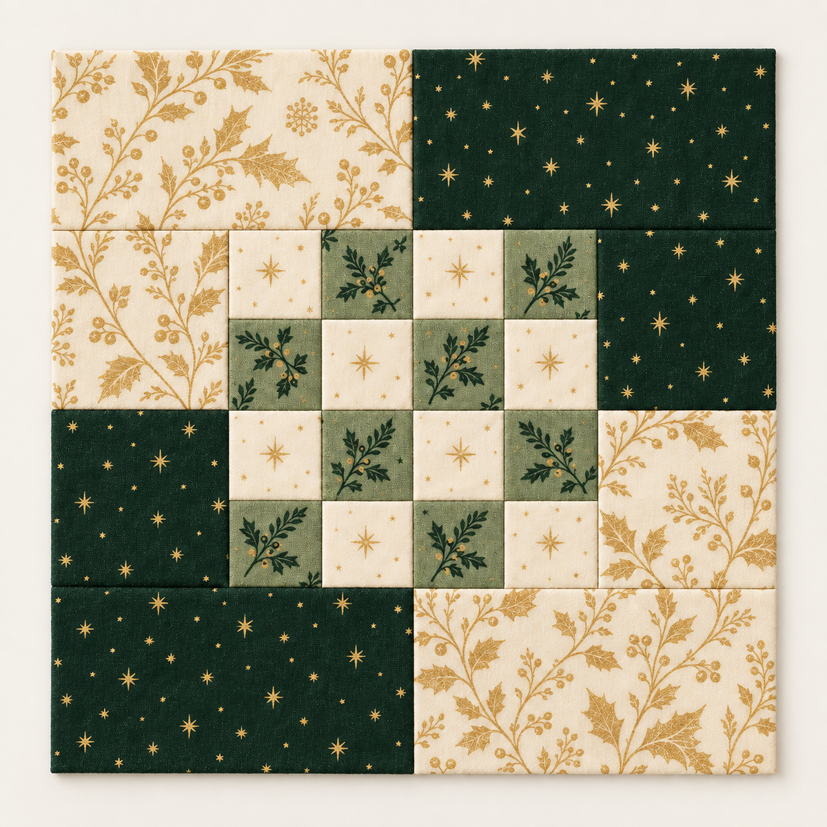 Clean studio view of the Evergreen and Gold Christmas checkerboard quilt block