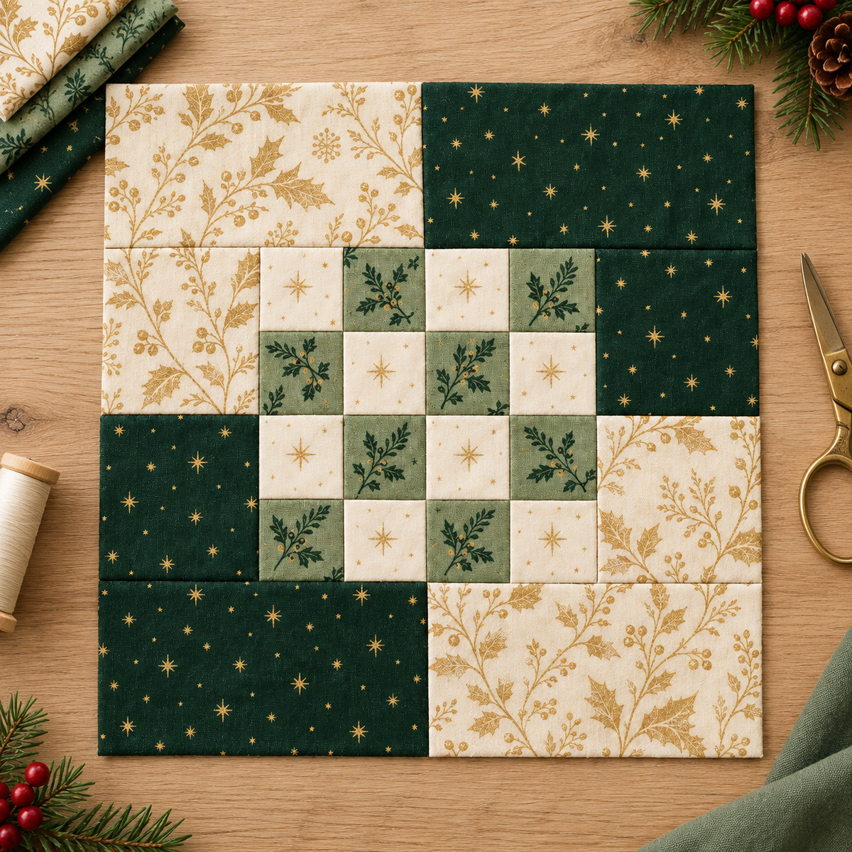 Christmas quilt block beside coordinating fabrics and sewing tools