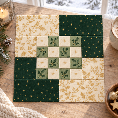 Evergreen and Gold quilt block styled beside a winter window