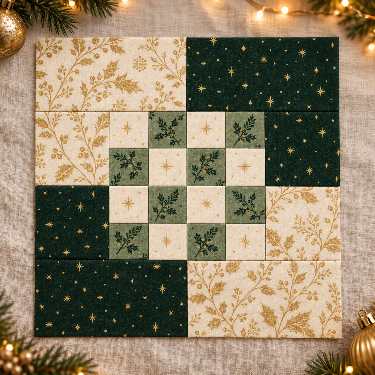 Christmas patchwork block with warm festive lights