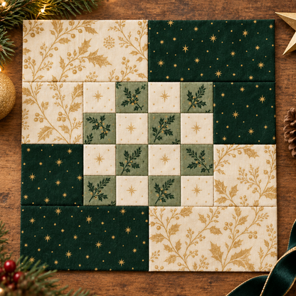 Green and gold Christmas quilt block on a rustic wooden surface