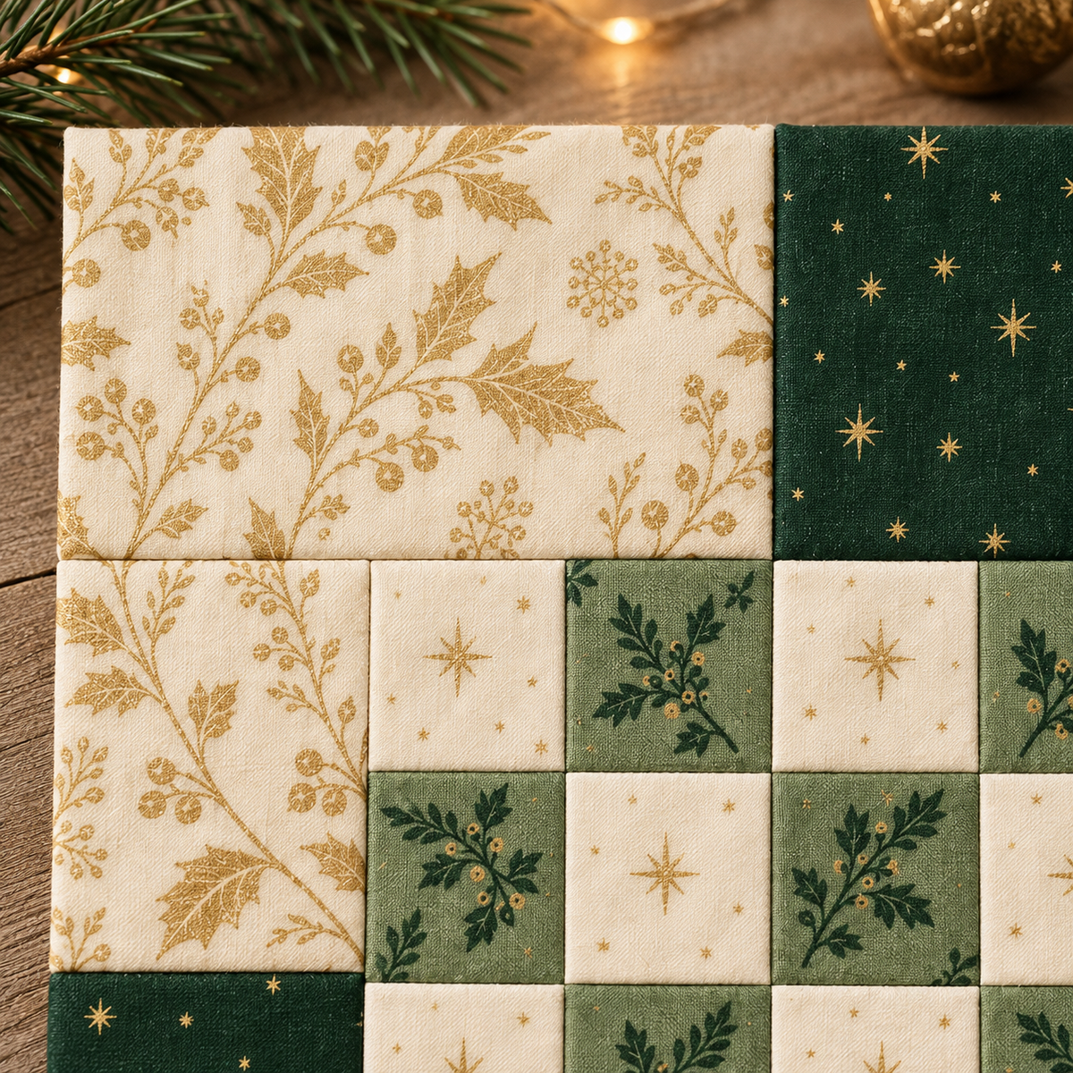 Close-up of cream and gold botanical fabric and patchwork seams