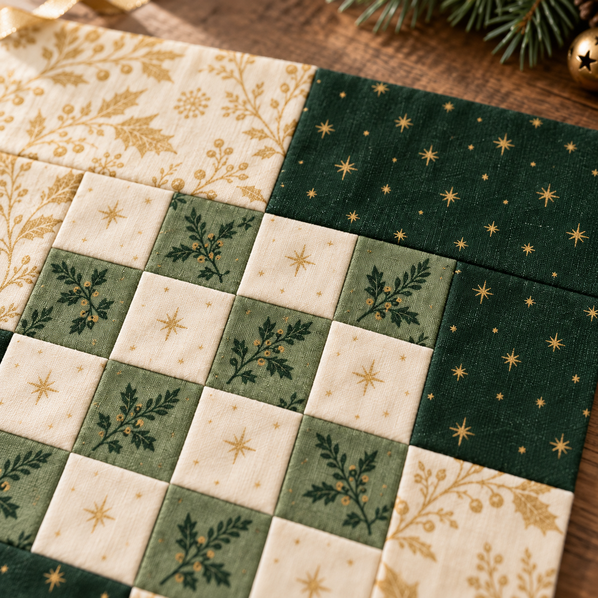 Detail of sage botanical and ivory star-print checkerboard squares