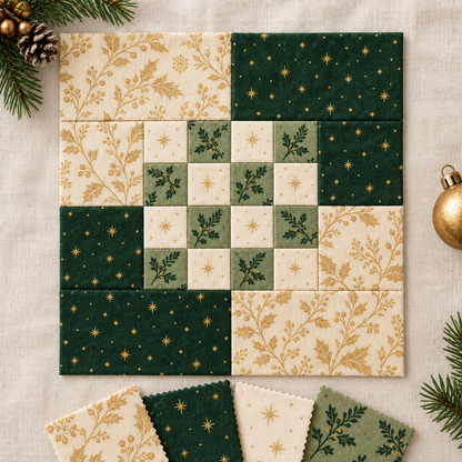 Evergreen and Gold block with coordinating Christmas fabric swatches