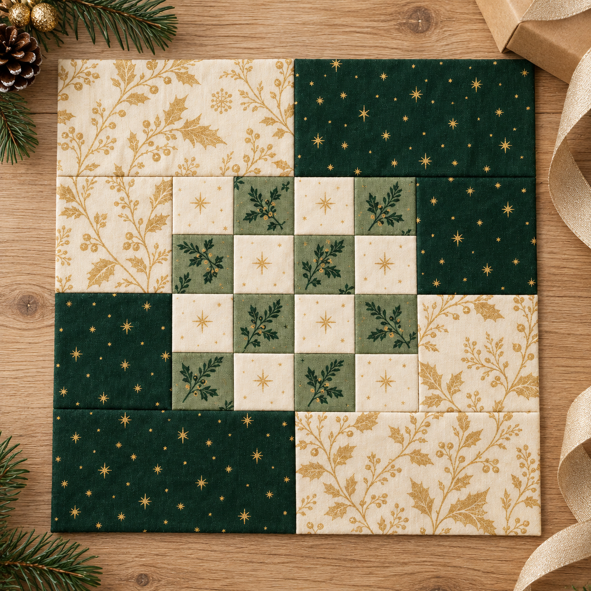 Christmas quilt block styled beside a wrapped holiday gift