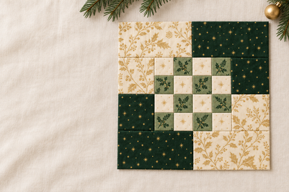 Evergreen and Gold Christmas patchwork block in a wide festive composition
